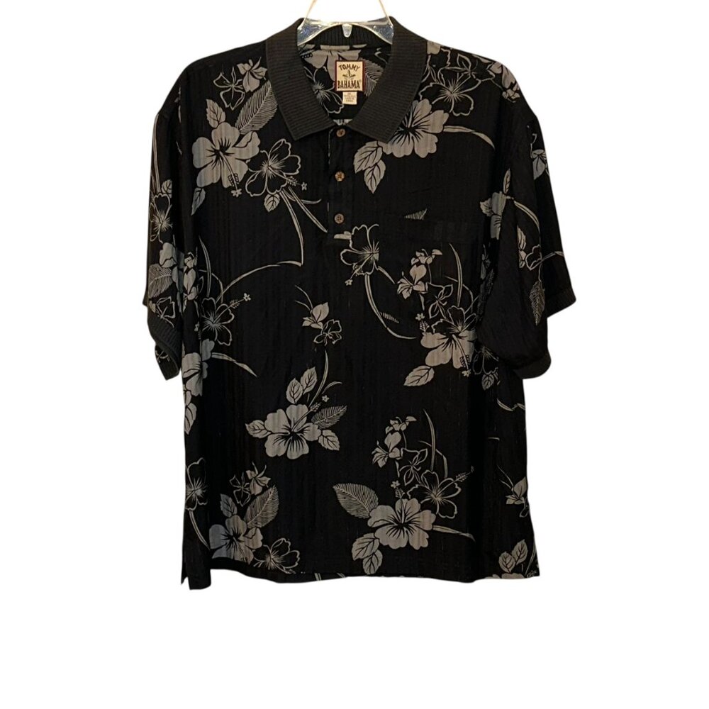 Tommy Bahama‎ Silk Polo Shirt Dark Grey Ribbed Collar Sleeve Floral Hawaiian XL